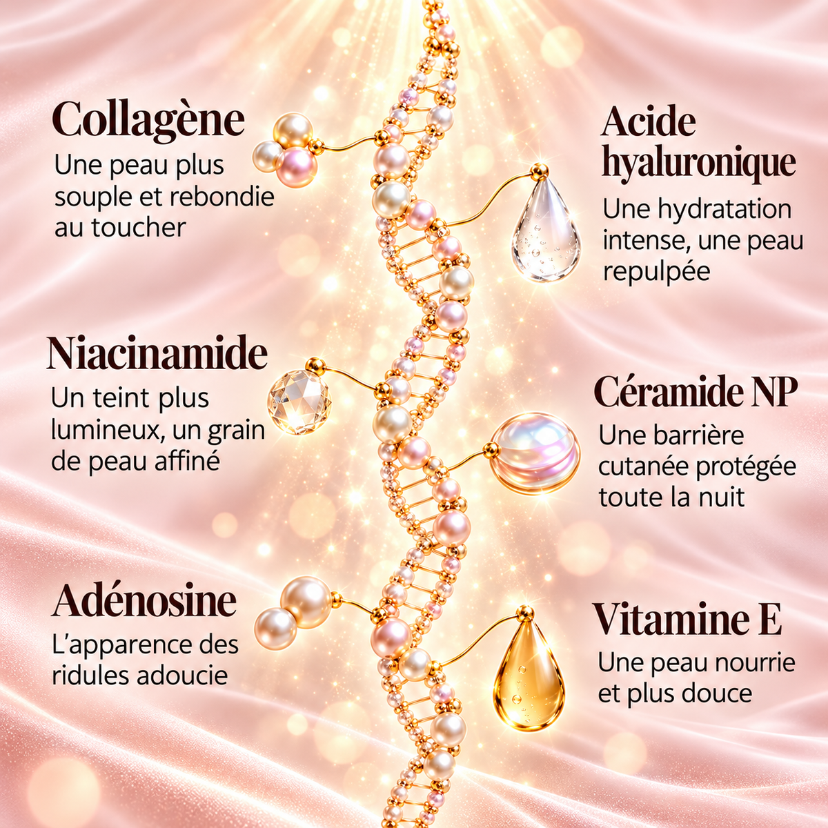 Les six ingrédients Opaline : collagène, acide hyaluronique, niacinamide, céramide NP, adénosine et vitamine E.